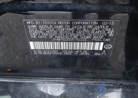 2013 Lexus Is 250 from USA, damaged, VIN JTHBF5C20D5192223